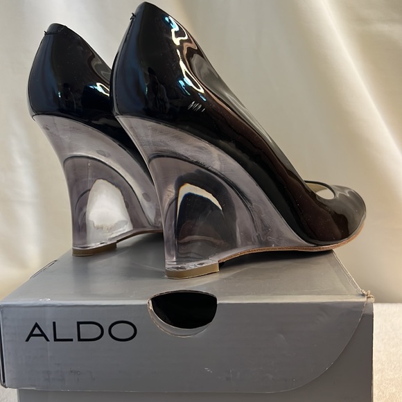 EUC Aldo Size 7/ 37 Javea Black patent lucite wedge heels - Picture 8 of 16